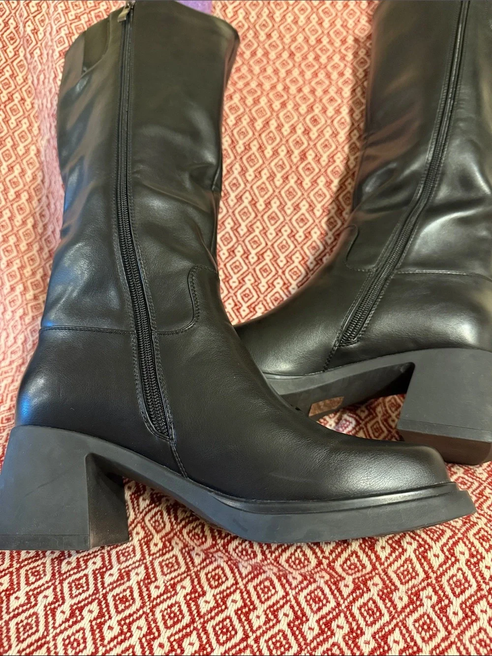 ISNOM Chunky Black Knee Platform Boots with Block Heel